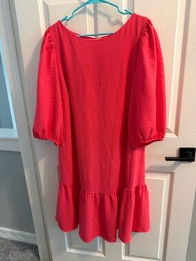 DKNY Coral Pink Midi Dress with Puff Sleeves